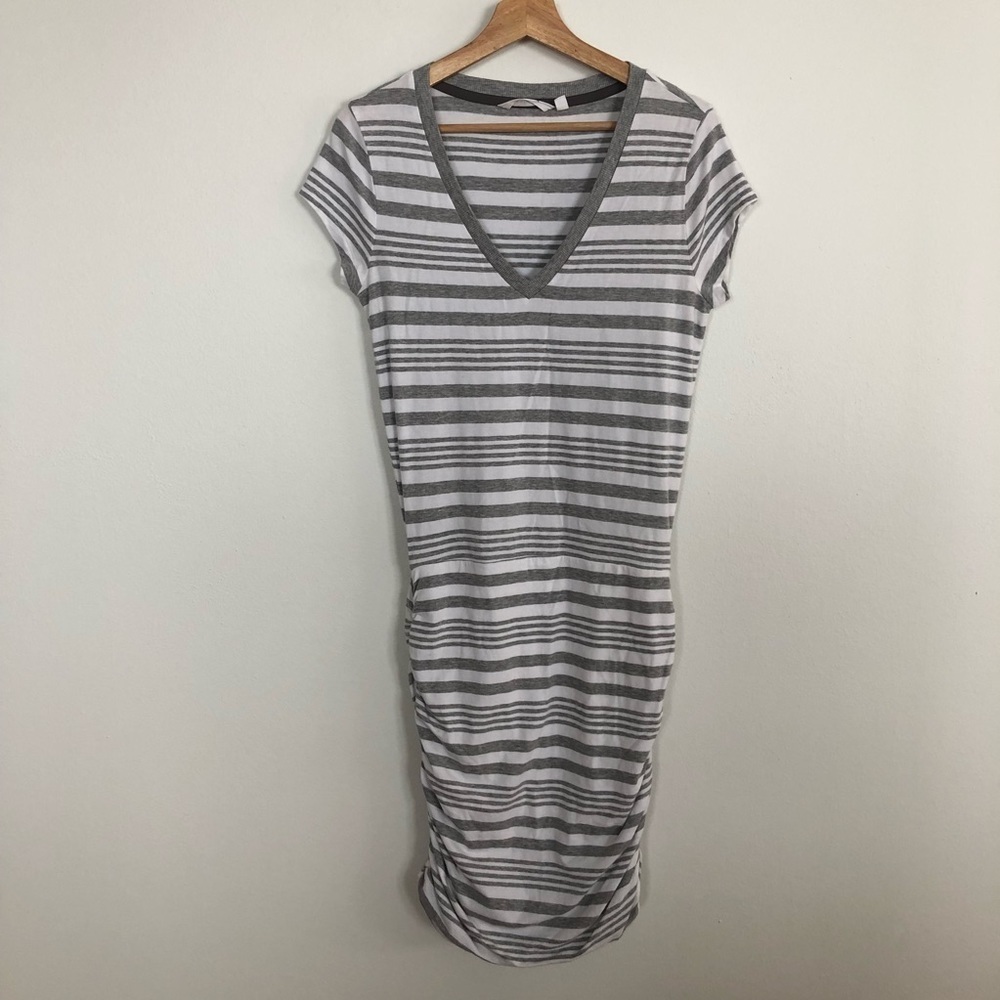 Athleta Topanga V-neck gray striped ruched jersey knit dress size small - Picture 2 of 6